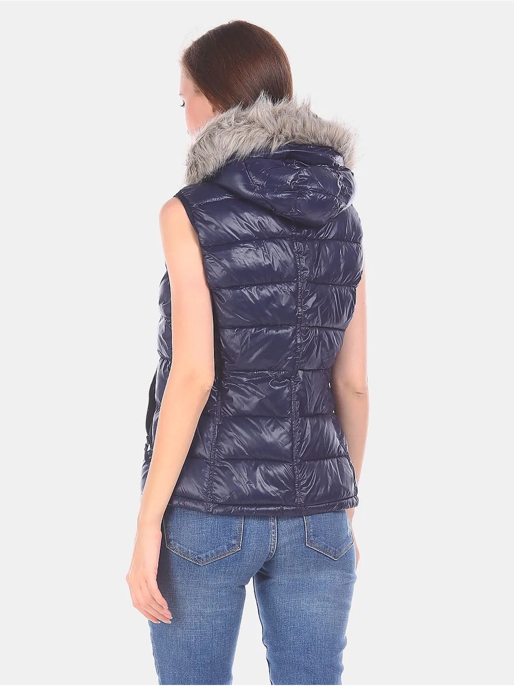 GAP Primaloft Navy Blue Puffer Vest with Faux Fur Hood - Size Small shiny